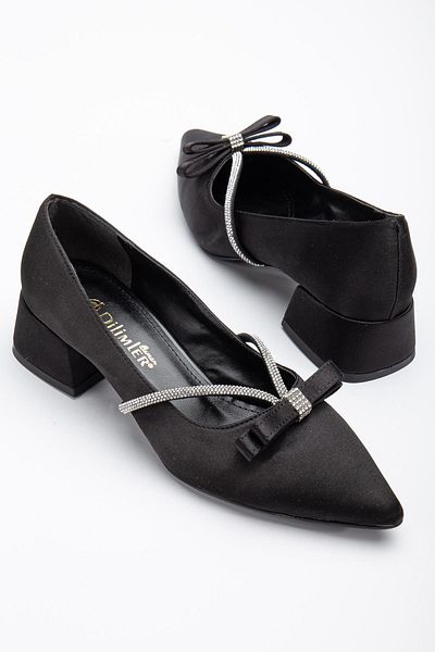 Dilimler Ayakkabı Satin Stone Pointed Black Large Size Women's Shoes Heels