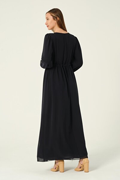 BUSA Hamile Beli Bağcıklı Şifon Maxi Boy Tesettür Elbise Lacivert