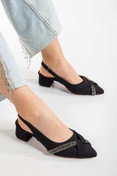 Dilimler Ayakkabı Large Size Satin Stoned Black Women's Short Heeled Evening Dress Shoes