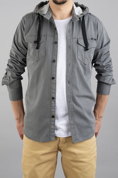 bombe Ανδρικό τζιν πουκάμισο σε γκρι Slim Fit με κουκούλα