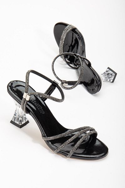 Dilimler Ayakkabı 3 Bands Jewelled Mirror Material Black Women's Transparent Heeled Evening Dress Shoes