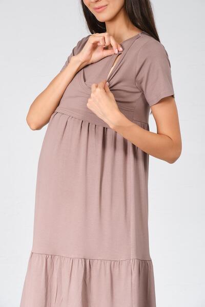 BUSA Λεπτομερές κοντομάνικο χτενισμένο βαμβακερό φόρεμα νοσηλευτικής εγκυμοσύνης