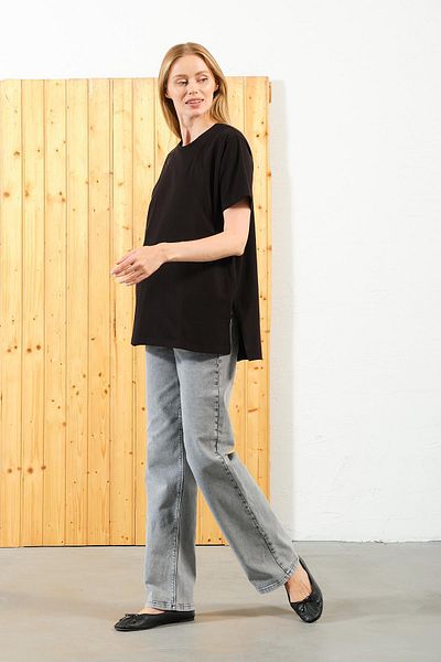 BUSA Black Oversize Combed Cotton T-Shirt - Maternity Zipper, Breastfeeding Detail, Short Sleeve, Crew Neck