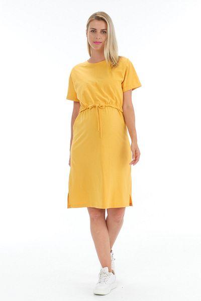 BUSA Pregnant Breastfeeding Detailed Front Lace Up Side Slit Short Sleeve Dress Yellow