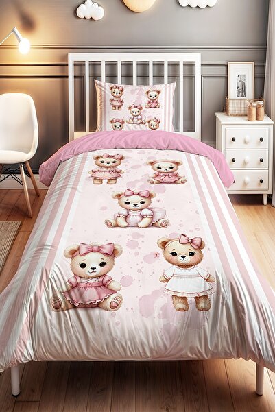 EVPANYA Pembe Ayıcık Kızlar Desenli Tek Kişilik Bebek Çocuk Nevresim Seti