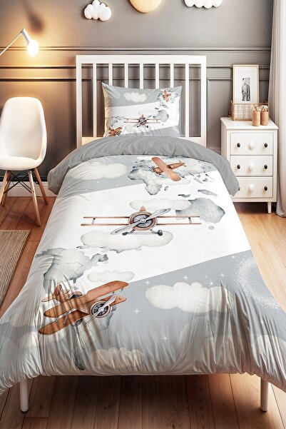 EVPANYA Gri Yan Şeritli Uçaklar Desenli Tek Kişilik Bebek Çocuk Nevresim Seti