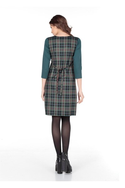 BUSA Hamile Ekose Çelik Kumaş Göğüsten Pileli Günlük Elbise Yeşil