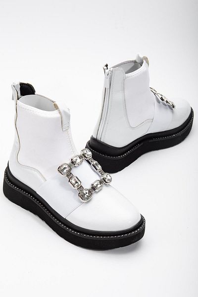 Dilimler Ayakkabı Patent Leather Stretch Stoned Thick Sole White Women's Boots