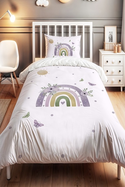 EVPANYA Mor Çiçekli Kelebekli Gökkuşağı Desenli Tek Kişilik Bebek Çocuk Nevre...