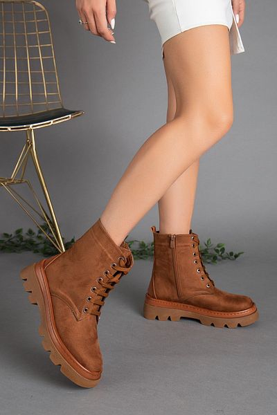 Dilimler Ayakkabı Γυναικείες μπότες Suede Tied Sole Stitched Tan