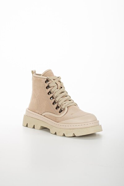 Dilimler Ayakkabı Δερμάτινες και σουέντ λεπτομερείς μπεζ γυναικείες μπότες με κορδόνια