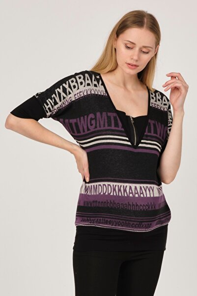 BUSA Maternity Zippered Patterned Tunic Purple
