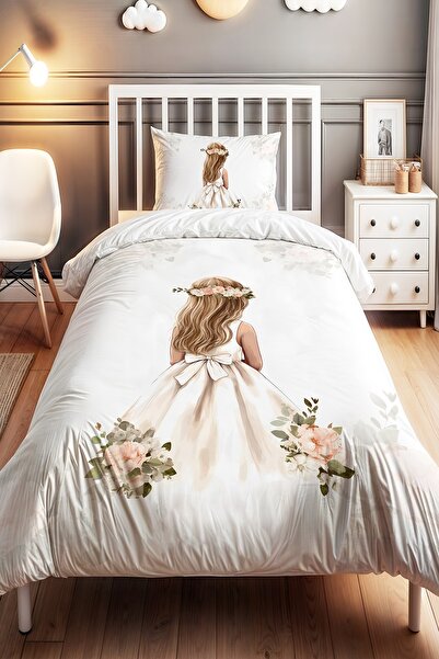 EVPANYA Sade Sarı Saçlı Prenses Desenli Tek Kişilik Bebek Çocuk Nevresim Seti