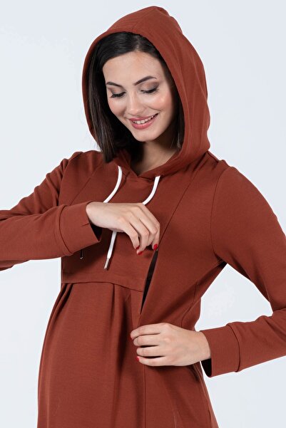 BUSA Hamile Çelik Örme Emzirme Detaylı Kapüşonlu Elbise Kiremit