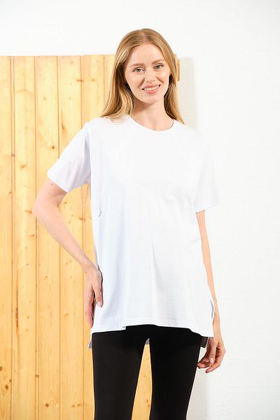 BUSA White Oversize Combed Cotton T-Shirt - Maternity Zipper, Breastfeeding Detail, Short Sleeve, Crew Neck
