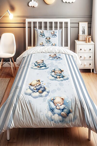 EVPANYA Bulutta Uyuyan Ayıcıklar Desenli Tek Kişilik Bebek Çocuk Nevresim Seti