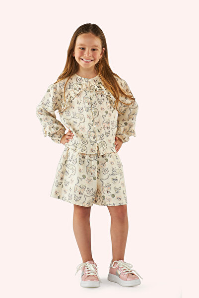 Panço Kız Çocuk Kedi Desenli Ekru Gömlek