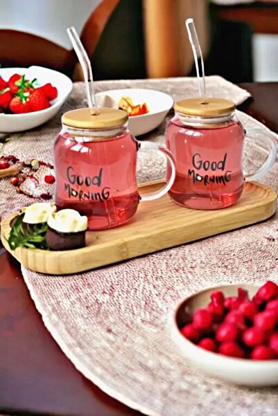 Rosemor مجموعة أكواب Good Morning - قطعتين مع مصاصة وغطاء من الخيزران، 450 مل...