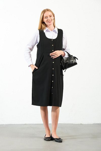 BUSA Black Maternity Gilet Dress - Zero Sleeve and Buttoned Front