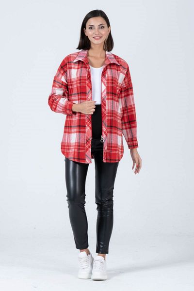 BUSA Maternity Side Pocket Front Zipper Plaid Lumberjack Shirt Red
