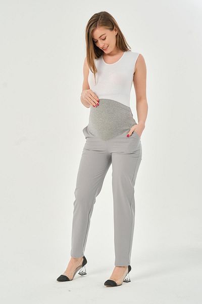 BUSA Flexible and Mom Fit Classic Gray Gabardine Trousers - Pregnant with Abdominal Band, Waist Adjustable