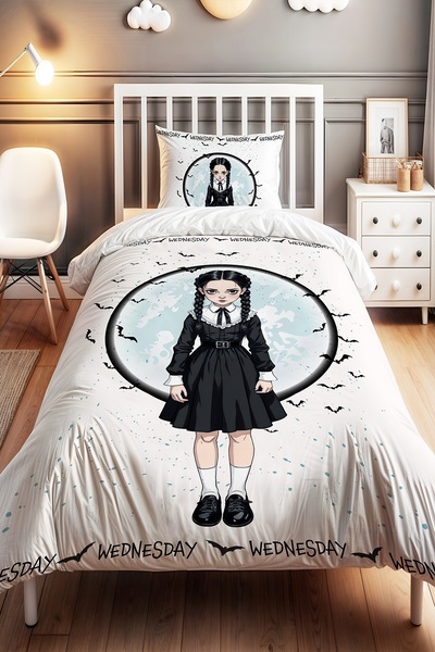 EVPANYA Örgülü Beyaz Wednesday Desenli Tek Kişilik Bebek Çocuk Nevresim Seti