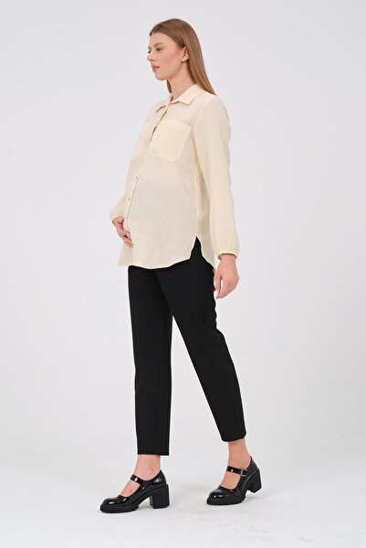 BUSA Linen Shirt - Maternity Elastic Sleeve, Front Pocket, Cream Color