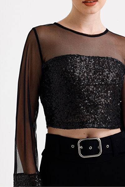 Sense Black Long Sleeve Evening Dress Blouse - Front and Back Sequin, Top and Bottom Tulle Detail | Blz35741