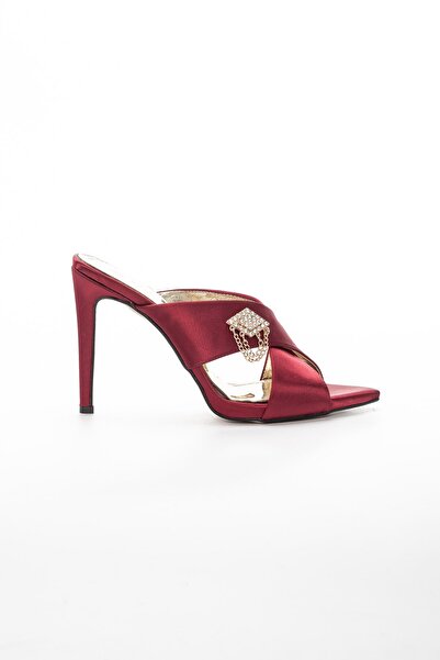 Dilimler Ayakkabı Satin Pointed Stoned Burgundy Women's Evening Dress Shoes