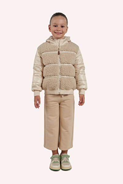 Panço Kız Çocuk Pelüş Detaylı Bej Şişme Mont