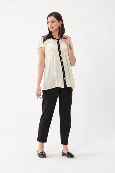 BUSA Maternity Chiffon Short Sleeve Lace Detailed Shirt Yellow