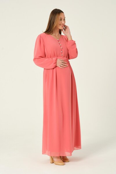 BUSA فستان حجاب طويل من الشيفون برباط عند الخصر للحوامل باللون الوردي