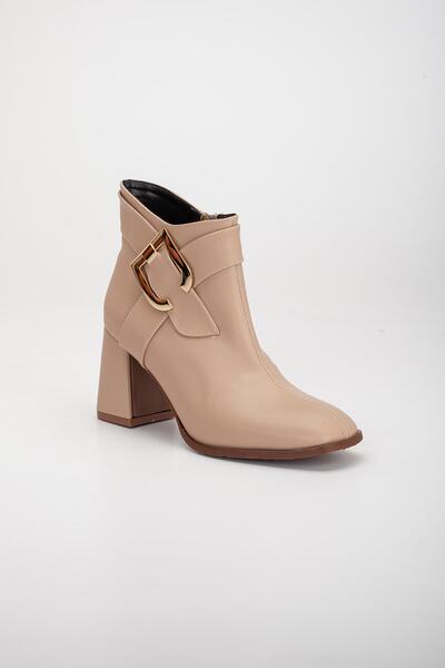 Dilimler Ayakkabı Skin Metal Belted Nude Γυναικείες μπότες με χοντρό τακούνι