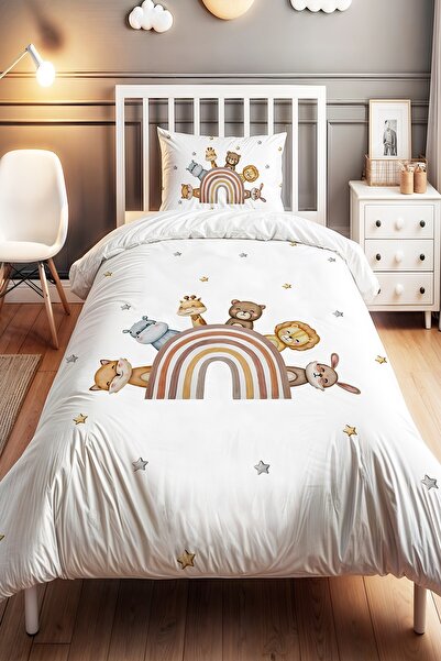 EVPANYA Kahveli Gökkuşağı Safari Desenli Tek Kişilik Bebek Çocuk Nevresim Seti