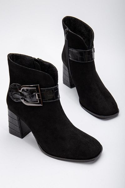 Dilimler Ayakkabı Suede Metal Belted Black Women's Heeled Boots