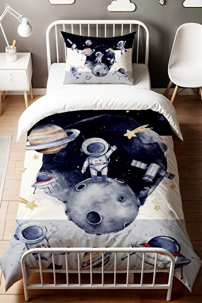 EVPANYA Lacivert Gri Maceracı Astronot Desenli Tek Kişilik Bebek Çocuk Nevresim Seti