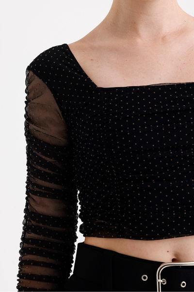 Sense Square Collar Long Sleeve Elastic Gathered Tulle Evening Dress Blouse | Blz33886 Black