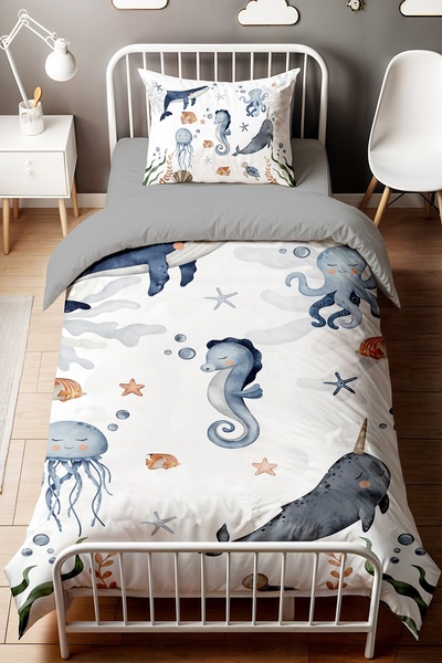 EVPANYA Mavi Deniz Altı Desenli Tek Kişilik Bebek Çocuk Nevresim Seti