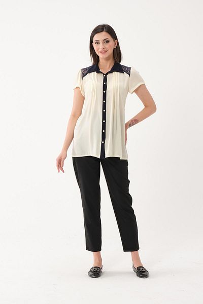 BUSA Maternity Chiffon Short Sleeve Lace Detailed Shirt Yellow