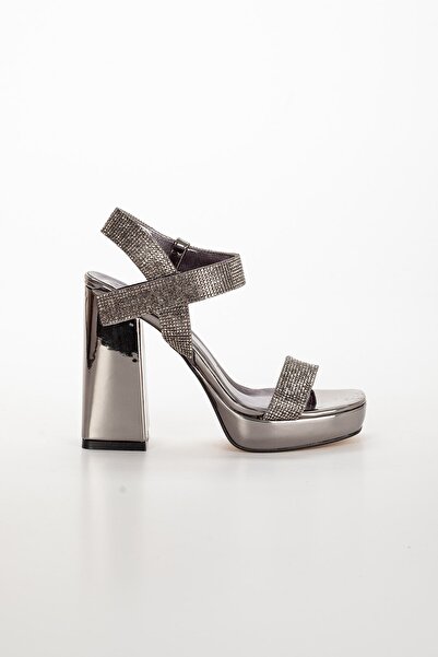 Dilimler Ayakkabı Tekbant Taşlı Platform Topuklu Platin Kadın Abiye Ayakkabı