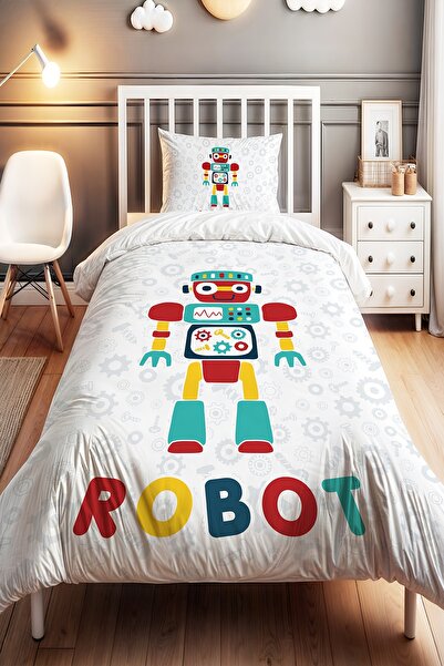 EVPANYA Tekli Robot Desenli Tek Kişilik Bebek Çocuk Nevresim Seti