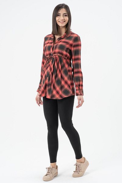 BUSA Maternity Shirt Plaid Model Belted Orange