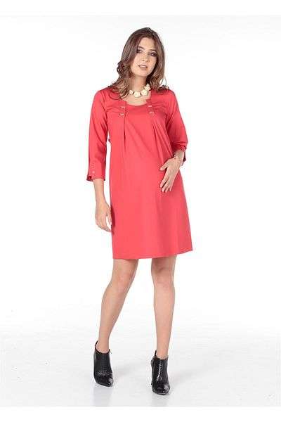 BUSA Pregnant Casual Dress Red with Double Collar Accessories