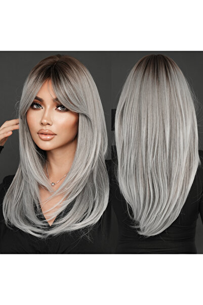 Fenomen Peruk Siyah Gri Özel Kesim Uzun Perçemli Peruk