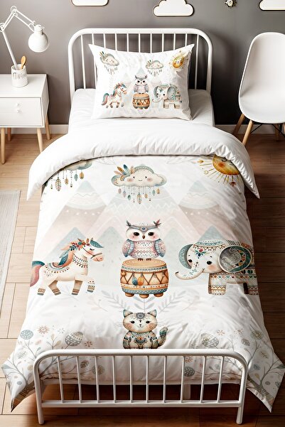 EVPANYA Bohem Kızılderili Sevimli Hayvanları Desenli Tek Kişilik Bebek Çocuk Nevresim Seti