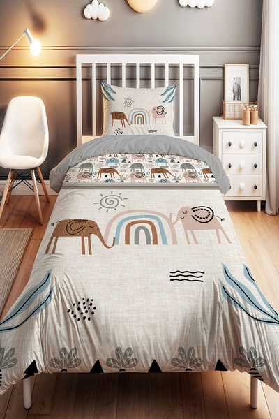 EVPANYA Eskitme Çizgi Safari Desenli Tek Kişilik Bebek Çocuk Nevresim Seti