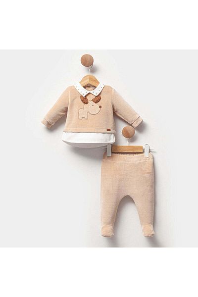 Cassiope Dog Themed Velvet Baby Boy Booties Top and Bottom Set