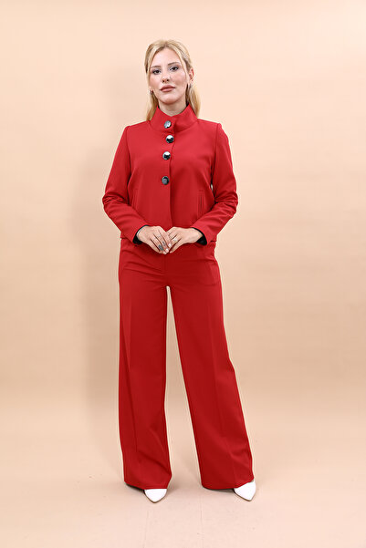 ÖNDER ÖZSOY Boydan Düğmeli Mini Ceket & Yüksek Bel Pileli Bol Paça Pantolon Takım-Kırmızı