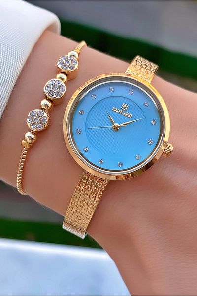 Reward Brand Gold Color Small Case Steel Cord Women's Wristwatch - with Bracelet Gift