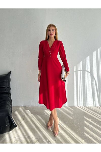Viyamo New Season Women's V-Neck Button Detail Long Sleeve Midi Invitation Dress